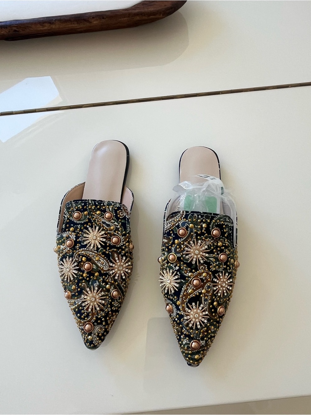 Embellished Black Pointed-Toe Slip-On Mules